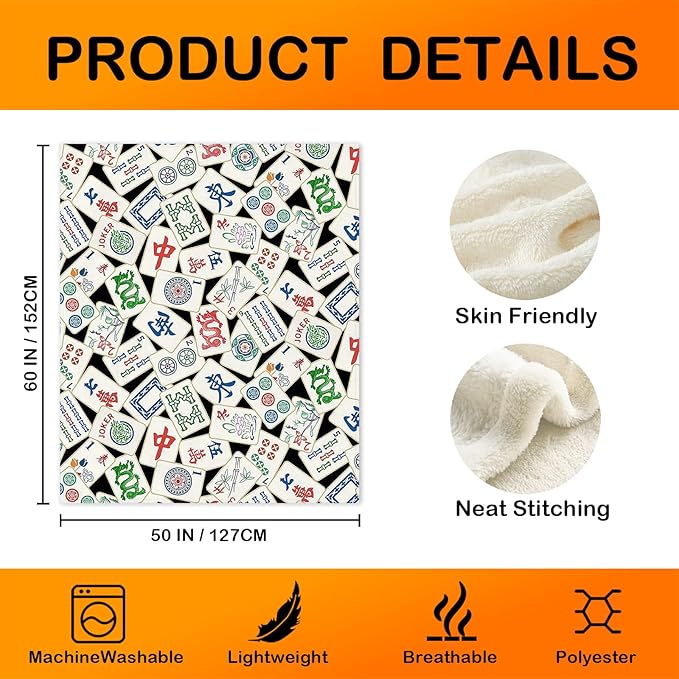 Mahjong Lover Gifts Throw Blanket for Women Men,Chinese Mahjong Blanket for Office Couch Bed Girls Dorm Bedroom Living Room,50x60 Inches