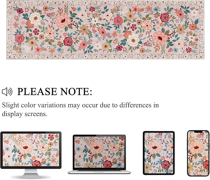 DUKINO 2x10 Runner Rug for Hallway, Washable Kitchen Runner Rug with Non Slip Backing, Low Pile Soft Boho Floral Carpet Carpet for Kitchen, Hallway, Entryway, Laundry, Bedroom, Beige