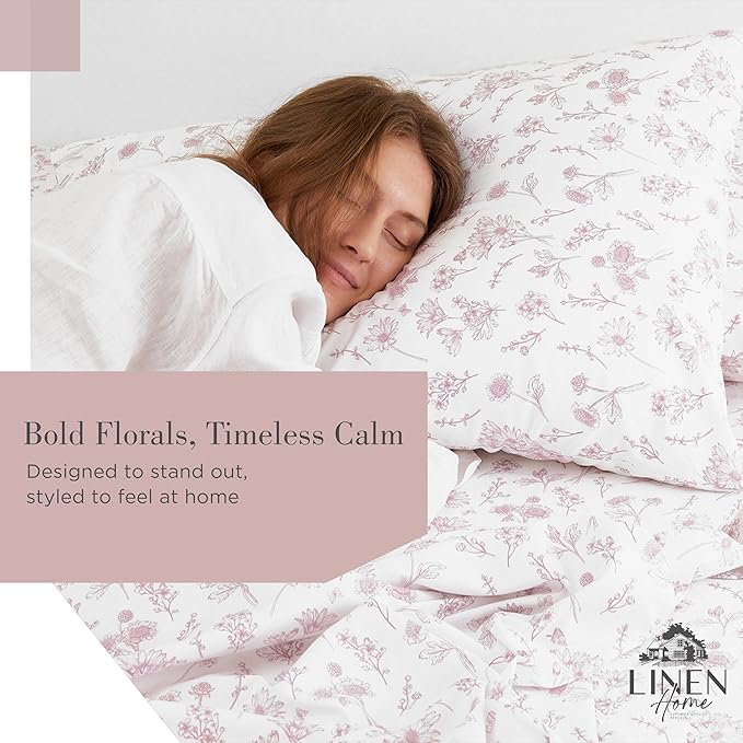 Linen Home 100% Cotton Printed Percale Sheets King Size, Deep Pocket, 4 Pieces Set - 1 Flat, 1 Deep Pocket Fitted Sheet and 2 Pillowcases, Crisp Cool and Strong Bed Linen, Mauve Botanical Floral