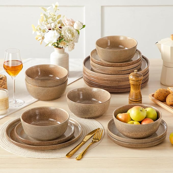 vancasso ANYA 18 Pieces Plates and Bowls Set, Caramel Dinnerware Sets, Reactive Glaze Dishes Set for 6, Ceramic Dishware Sets Kitchen Dinner Set, Microwave & Dishwasher Safe