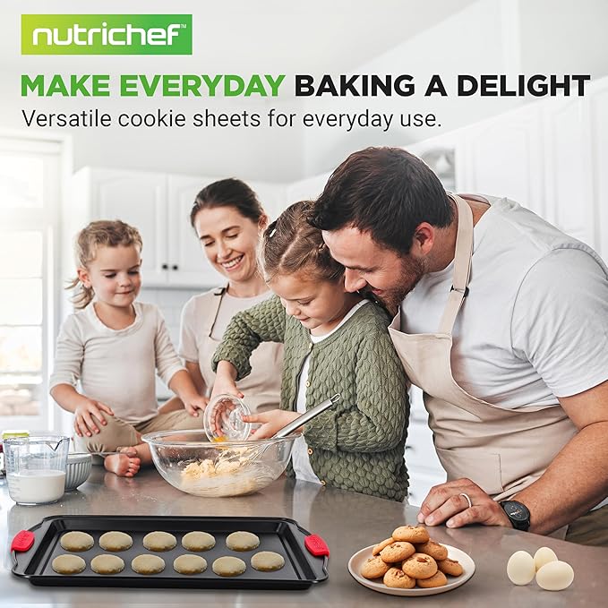 NutriChef Nonstick Baking Pans Set – 3-Piece Carbon Steel Cookie Sheet Set with Red Silicone Handles, Small, Medium, Large Stackable Trays, Oven and Dishwasher Safe Design for Cakes, Cookies and More