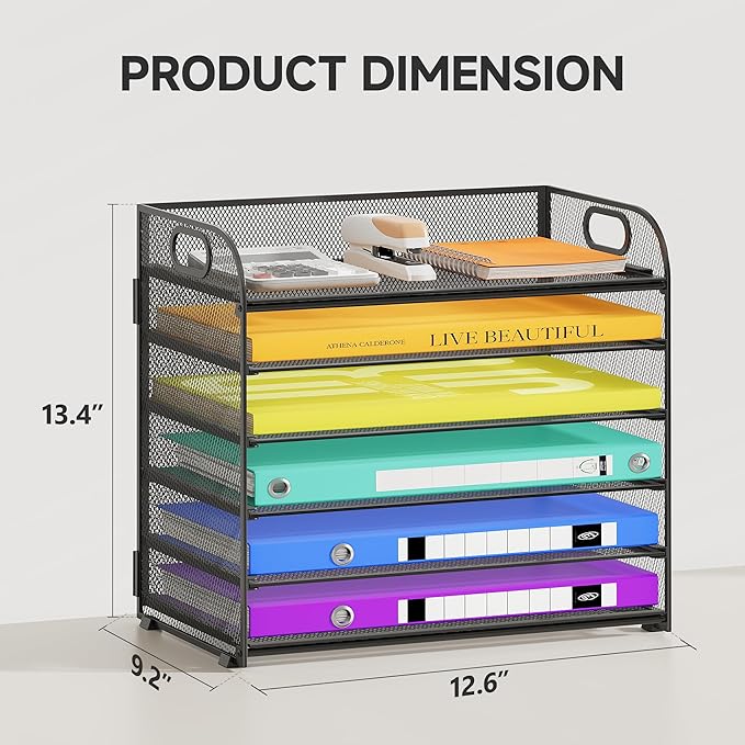 6 Tier Paper Organizer with Handle, Metal Desk Organizer Mesh Paper Letter Tray Desktop File Folder Document Sorter for Classroom, School, Office Accessories Organization and Storage - Black