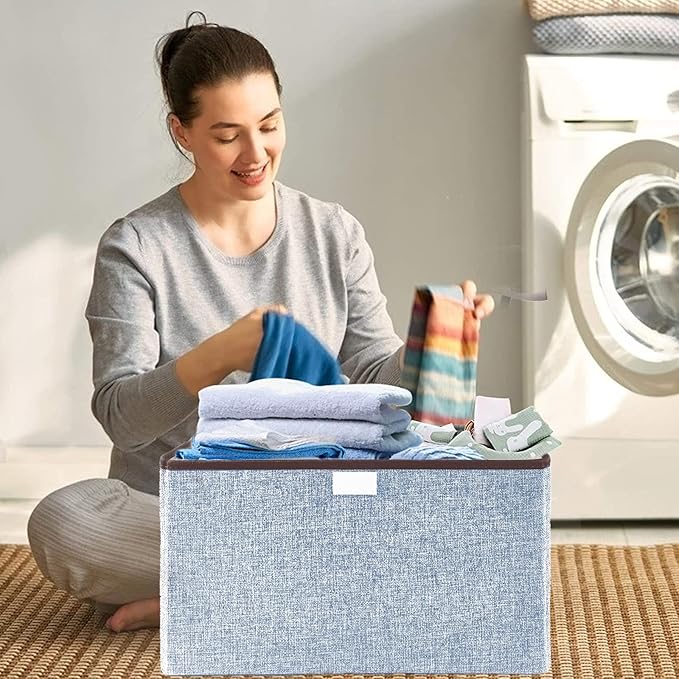 Foldable Storage Bins with Lids, Decorative Storage Baskets, Large Storage Boxes for Home, Office, Bedroom, Closet, Blue, Medium, 4 Pack 14.6 x 9.5 x 9.5”