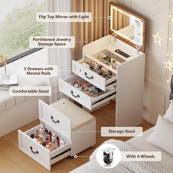 Farmhouse 3 in 1 Vanity with 2 Sockets USB, LED Small Makeup Desk with Flip Top Mirror, Compact Vanity with Glass Desktop, Storage and Cushioned Stool with Wheels,3 Drawers, for Bedroom White