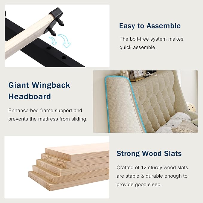 Twin Bed Frame with 4 Storage Drawers, Giant Upholstered Wingback Headboard, Fast Charging Station, No Box Spring Needed, Noise-Free, Beige