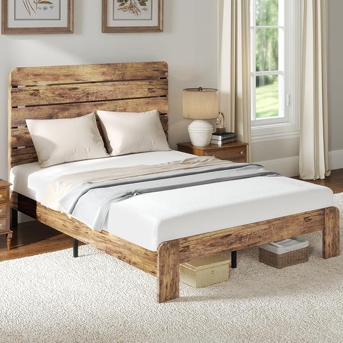 Queen Bed Frame, Queen Size Heavy Duty Bed Frame, Platform Bed Frames with Wood Headboard & Footboard, Noise Free, No Box Spring Needed, Brown