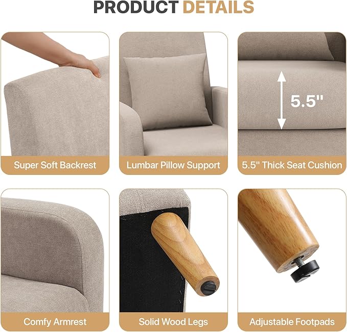 Magshion Mid-Century Accent Chair for Living Room, Comfy Reading Chair for Bedroom, Upholstered Linen Fabric Armchair Single Sofa with Back Pillow & Wood Legs, 300 lbs Capacity, Beige