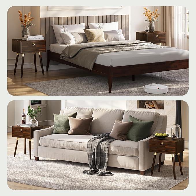 Bme Alden Wood Nightstand, Solid Wood End Table, Mid Century Modern Nightstand, Side Table with 1 Drawer, Compact for Bedroom, Living Room & Study Room, Easy Assembly, Walnut