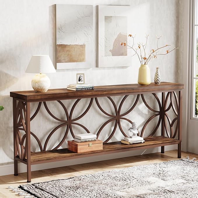 Tribesigns 70.9-Inch Narrow Sofa Table, Industrial Long Sofa Table Behind Couch, Entry Console Table with Storage for Entryway, Living Room, Foyer, Unique Design, Brown Matte