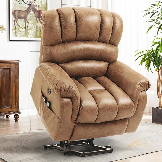 VIVIJASON Tall Man Large Power Lift Recliner Chair with Extended Footrest for Elderly, Overstuffed Wide Electric Lift Chair with Heat & Massage, 2 Remote Controls, Side Pockets & USB Ports, Sand