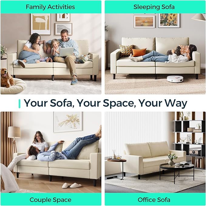 LINSY 79'' Beige Loveseat Sofa - Comfy Couch Corduroy Love Seat Couch with Adjustable Seat Depth Ergonomic Design Modern 2-Seater Soft Sofa for Living Room Bedroom Apartment Office, Beige