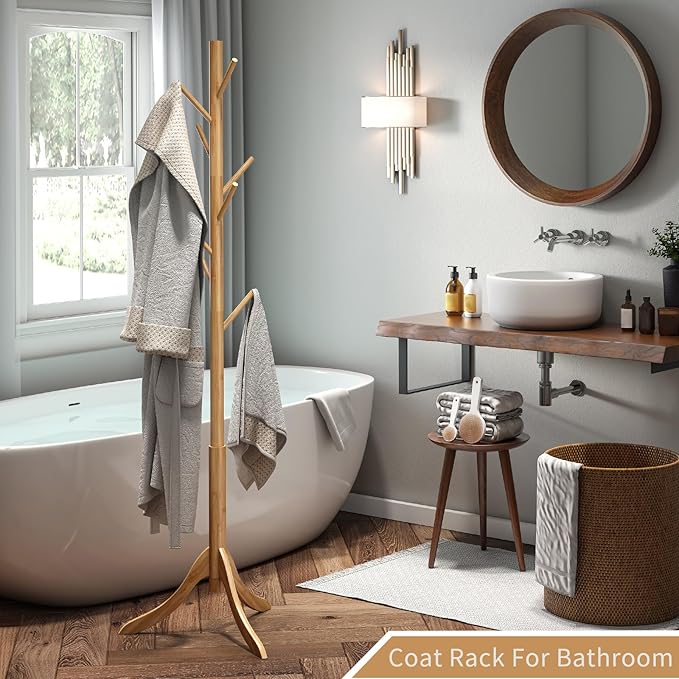 Coat Rack Freestanding, Coat Stands Entryway, Bamboo Coat Rack Hat Hanger 8 Hook for Jacket, Purse, Scarf Rack, Umbrella Tree Stand (Natural)