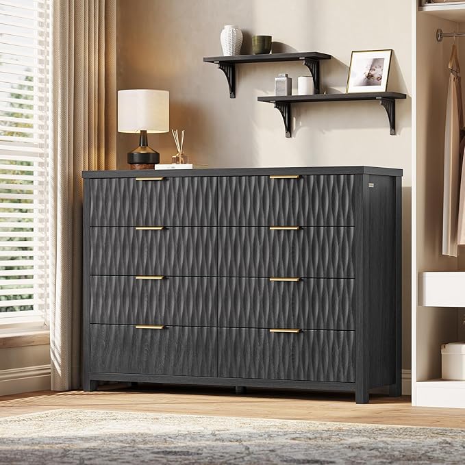 Dresser for Bedroom with 8 Drawers, 46.9" Wide Modern Chest of Drawers with Metal Handle, Wood Dresser TV Stand, Wood Storage Organizer for Bedroom, Living Room(Black)