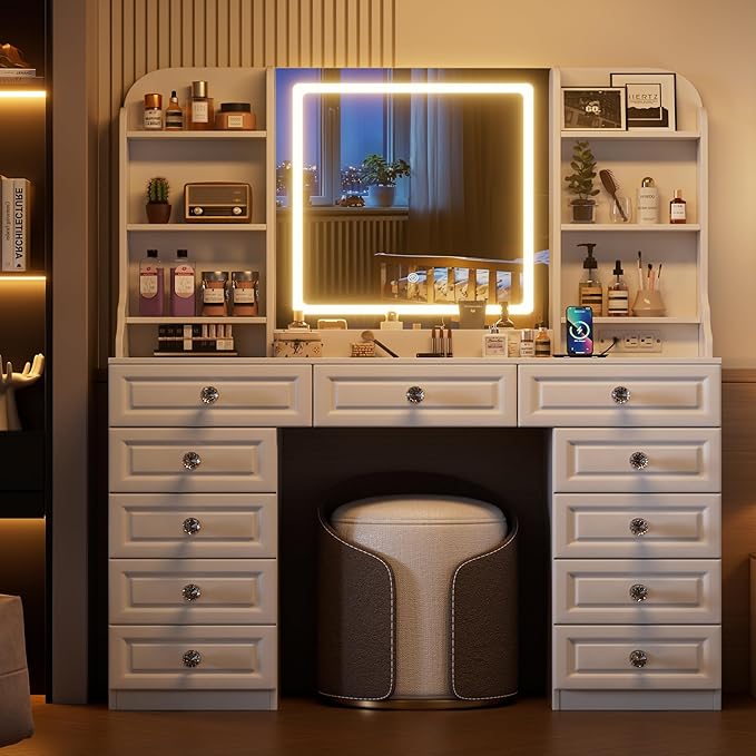 PAKASEPT 47.3'' Makeup Vanity with 11 Drawers, Tempered Glass Top Vanity Table with Mirror and LED Lights, 7 Storage Shelves, Built-in Charging Station, Dressing Table for Bedroom (No Stool)