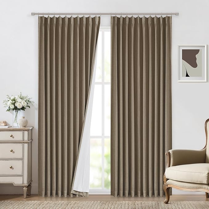 Vision Home Brown Pinch Pleated Full Blackout Curtains Linen Blended 60 inch Wide Thermal Insulated Window Panels for Bedroom Living Room Darkening Pinch Pleat Drapes with Hooks Back Tab 60" Wx72 Lx1