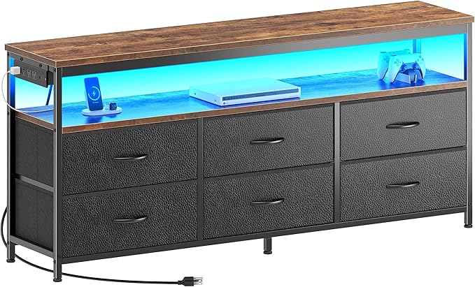Huuger LED TV Stand for Bedroom, 55 Inch Fabric Dresser with Power Outlets, Entertainment Center for 60, 55 Inch TV, 6 Drawer Dresser for Bedroom, Chest of Drawers with Shlef, PU Leather, Rustic Brown