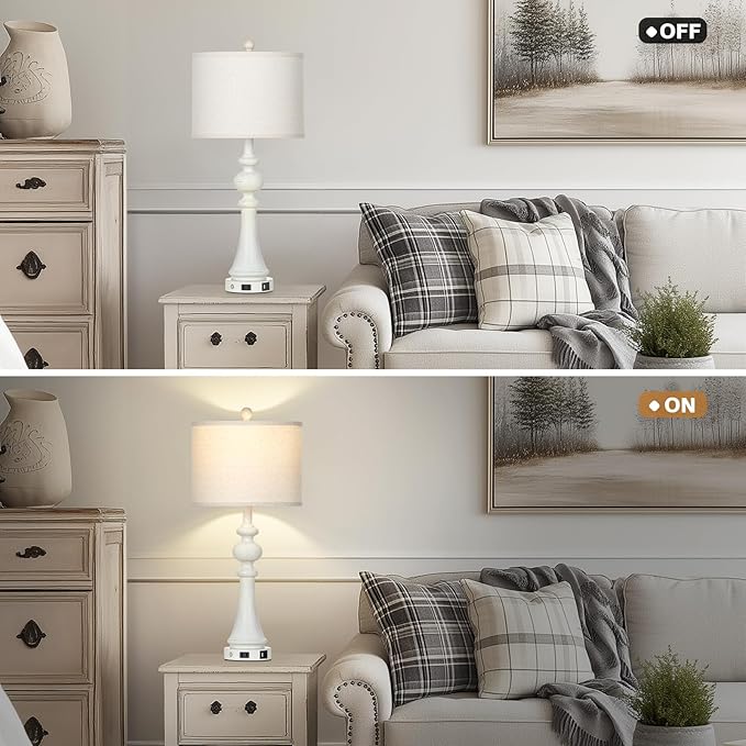 28" Farmhouse Lamps Set of 2, Vintage 3-Way Dimmable Touch Control Table Lamps with USB A+C Fast Ports & AC Outlets, Rustic Traditional Classic Bedside Nightstand Lamps for Living Room Bedroom White