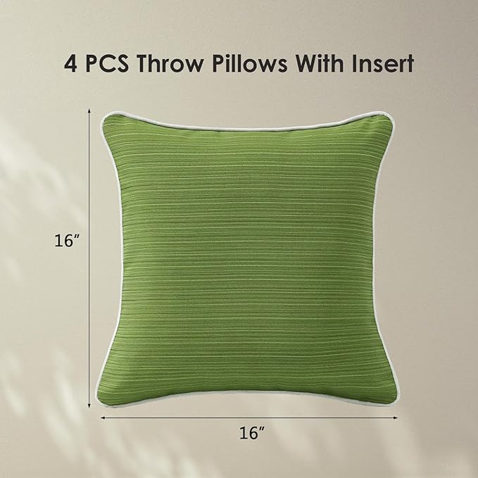 Decorative Outdoor Water Repellent Throw Pillows with Inserts, Set of 4, 16" x16" Pillows for Patio, Backyard, Bed, Couch, and Patio Furniture, Lawn Green