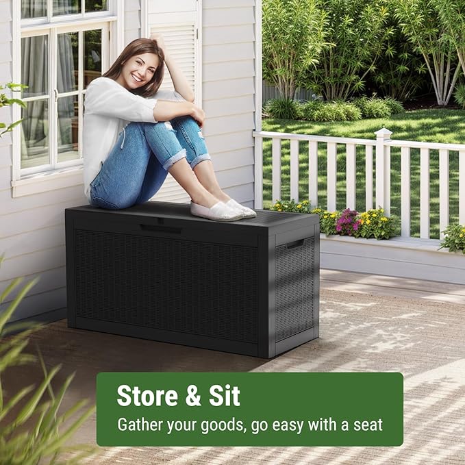 Mars Villa 60 Gallon Deck Box, Outdoor Storage Box Waterproof, Outside Resin Storage Bin for Outdoor Patio Furniture Cushions, Pool Supplies, Garden Tools, UV-Resistant and Weatherproof, Rattan Black