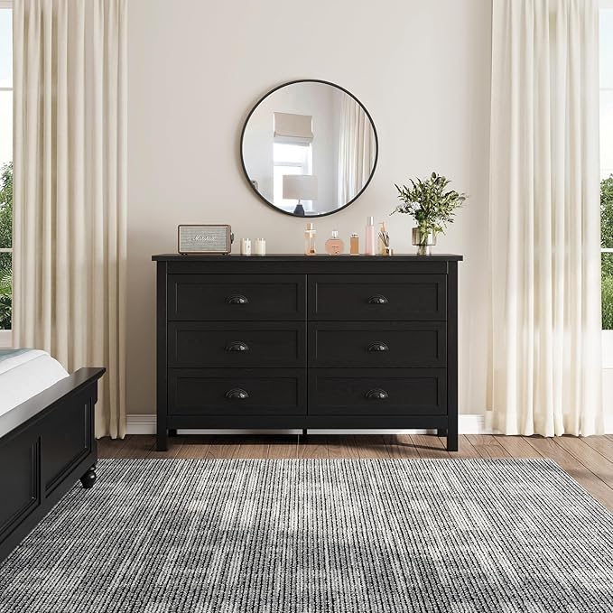 Black Dresser for Bedroom, Farmhouse 6 Drawer Double Dresser with Vintage Antique Handles, Modern Dressers and Chest of Drawers for Bedroom