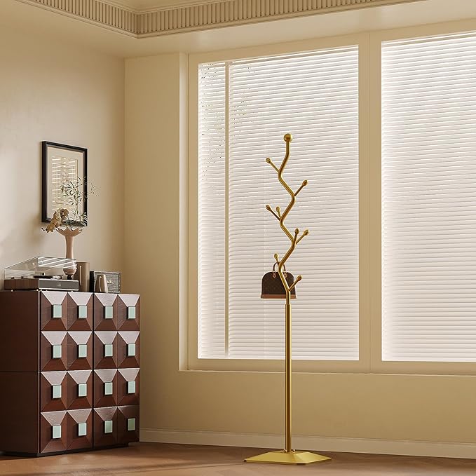 Coat Rack Freestanding gold Coat Tree with 8 Hooks, Creative Design Tree Branch-look, Standing Coat Rack Coat Hanger Stand with Stury cast iron Base for Entryway, Hallway, Bedroom (gold)