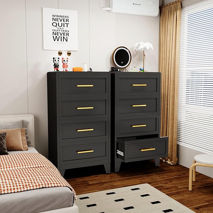 Metal Dresser Tall Narrow Dresser for Bedroom Chest, 44.45" H Drawer Chest, Closet Dressers & Chests of Drawers for Living Room, Hallway (4 Drawers Black 24inch Wide)