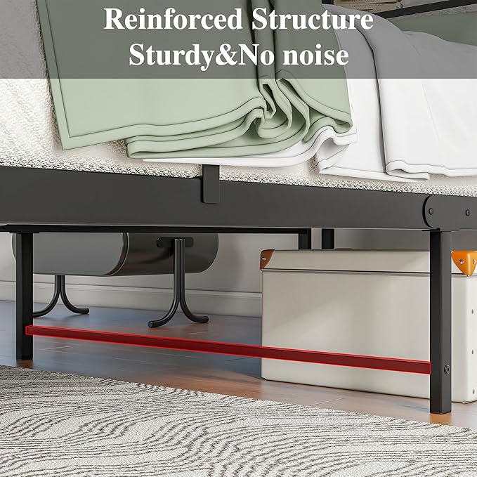 Twin Bed Frame with Storage Headboard and Charging Station, Twin Size, Heavy Duty Metal Slats, No Box Spring Needed, Dark Grey