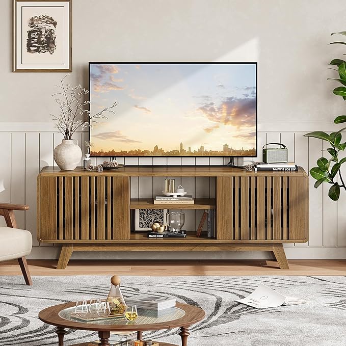 63-Inch TV Stand for TVs up to 75 Inch, Mid-Century Modern Television Stand with Power Outlet, Entertainment Center with Sliding Grille Door Cabinets and Open Shelves for Living Room, Oak