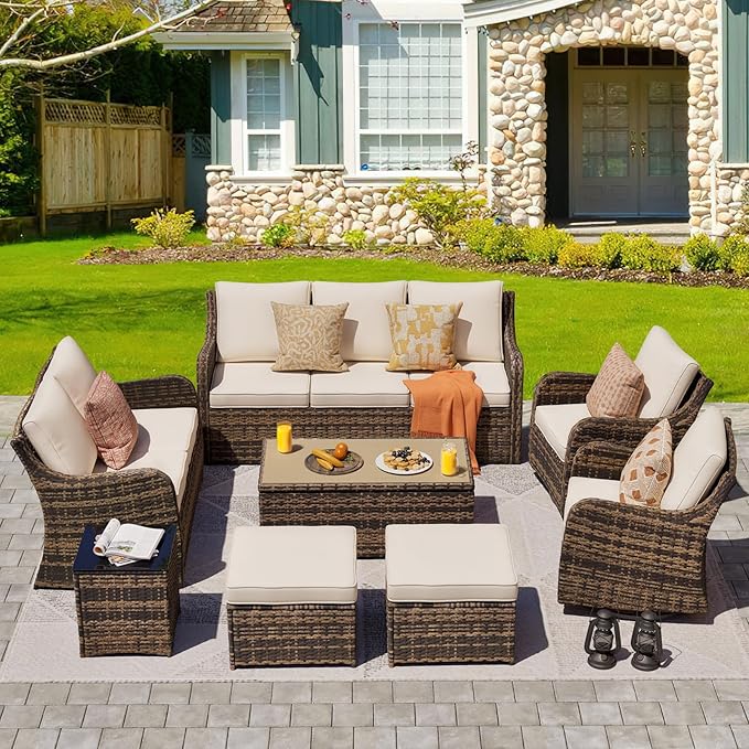 Patio Furniture Set with Swivel Rocking Chairs, 8 Pieces Patio Conversation Set, Outdoor Wicker Sofa Couch with Waterproof Cushions for Lawn Backyard Porch (Brown)