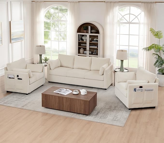 79 inch Sofa for Living Room,Mid Century Modern Couch with Big Pockets, Corduroy Couch with Three Cushions and Solid Wood Frame for Apartment and Small Spaces (Beige, Sofa)
