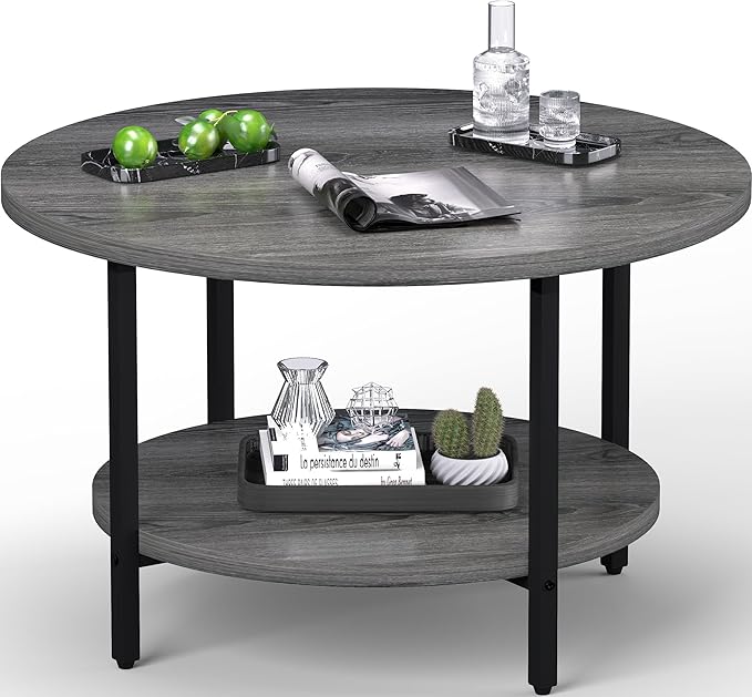 Coffee Table, 2 Tier Coffee Tables for Living Room, Round Coffee Table with Storage, Floor Table for Bedroom, Home Office, Grey (27.6" D x 17.7" H)