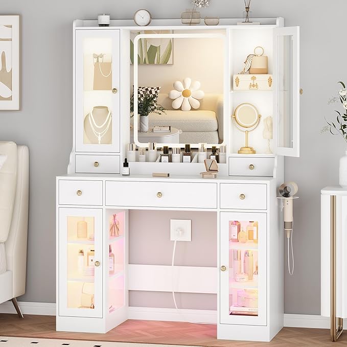 White Vanity Desk with Mirror and Lights, Makeup Vanity Table with Lighted Mirror, 5 Drawers & RGB Cabinet, Dressing Table Set with Charging Station for Girls Bedroom, 3 Lighting Modes