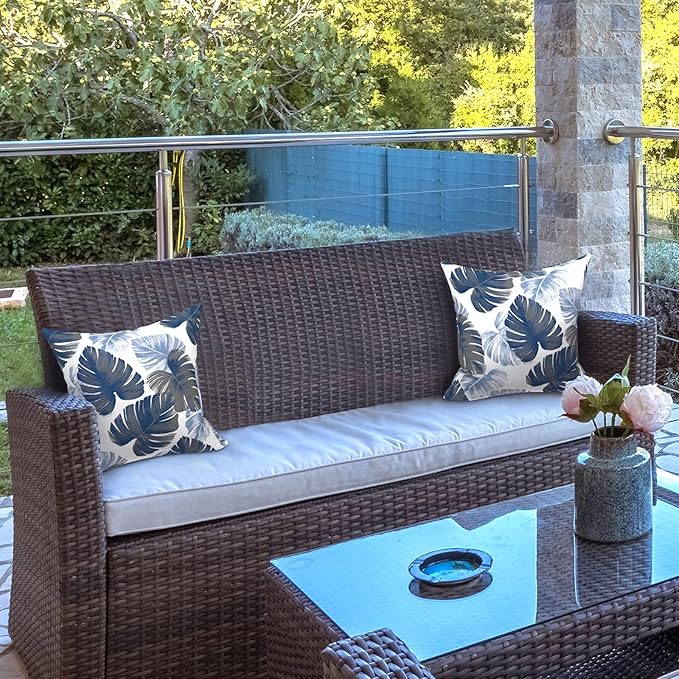 LVTXIII Outdoor/Indoor Throw Pillows, Decorative Throw Pillows with Inserts, 18"x18" Square Pillows for Bed, Couch, Sofa and Patio Furniture (Set of 2, Monstera Blue)