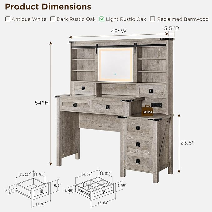 T4TREAM 48'' Farmhouse Makeup Vanity Desk with Sliding HD Mirror and Lights, Big Modern Lighted Vanity Table with 7 Drawers & Shelves, Rustic Large Dressing Table for Bedroom, Light Rustic Oak
