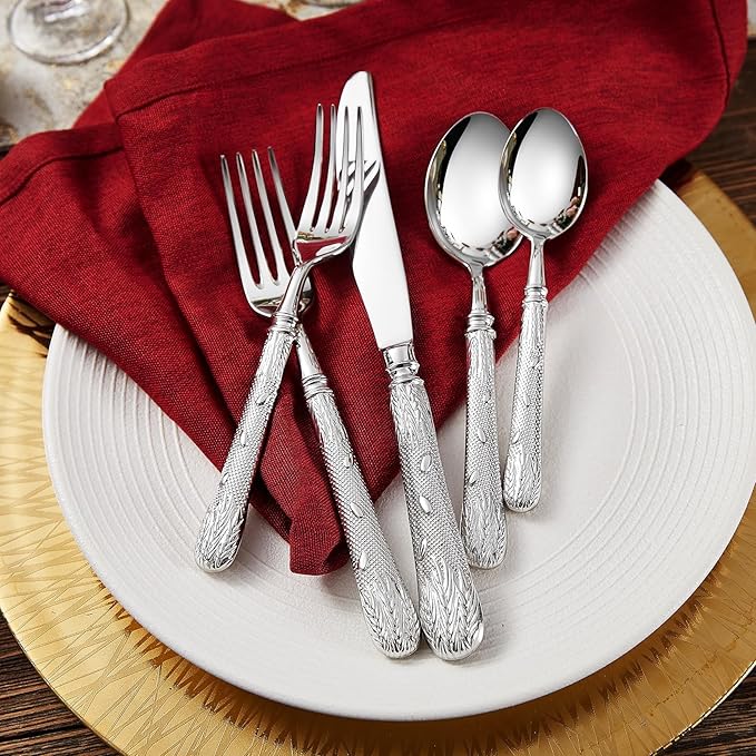 KEAWELL Premium Versailles Silverware Set, 20-Piece Flatware for 4, 18/10 Stainless Steel, Heavy-Duty, Mirror Polished, Royal Engraved Handle, For Formal Dining, Dishwasher Safe (20, Silver)