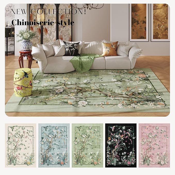 Runner Rug Chinoiserie-Style Floral Vintage Kitchen Rugs Non Slip Washable with Rubber Backing Soft Carpet for Laundry, Bedroom, Bathroom, Green