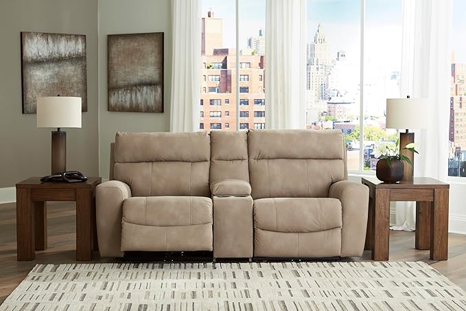 Signature Design by Ashley Next-Gen DuraPella Contemporary Faux Leather Modular Wall Hugger 3-Piece Power Reclining Sectional Loveseat with Console, Adjustable Headrest and USB Ports, Light Brown