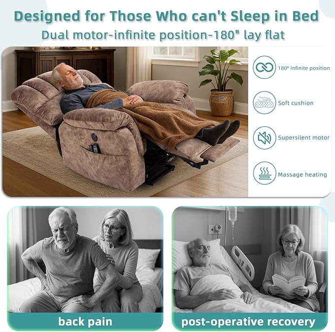 MEETWARM Large Dual Motor Power Lift Chair with Extended Footrest for Big Tall Elderly, Infinite Position Lay Flat Lift Electric Recliner, Heat Massage, Lumbar Pillow, USB & Type-C Ports, Plush Brown