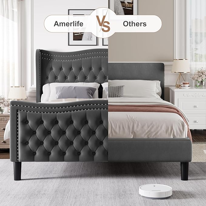 Queen Bed Frame with Tall Headboard & Footboard, Velvet Upholstered Platform Bed Frame with Deep Button Tufted Wingback, No Box Spring Needed, Noise Free, Grey