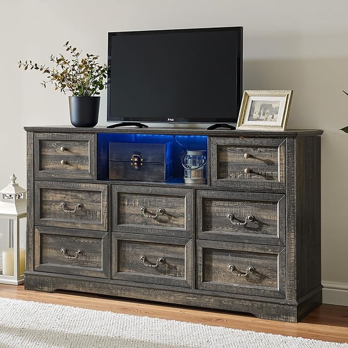 Dresser for Bedroom with Charging Station & Led Lights,55.02" TV Stand with 8 Drawers,Dressers & Chests of Drawers with Open Shelves,Hallway,Closet 55.02" W x 34.53" H x 15.77" D Rustic Oak