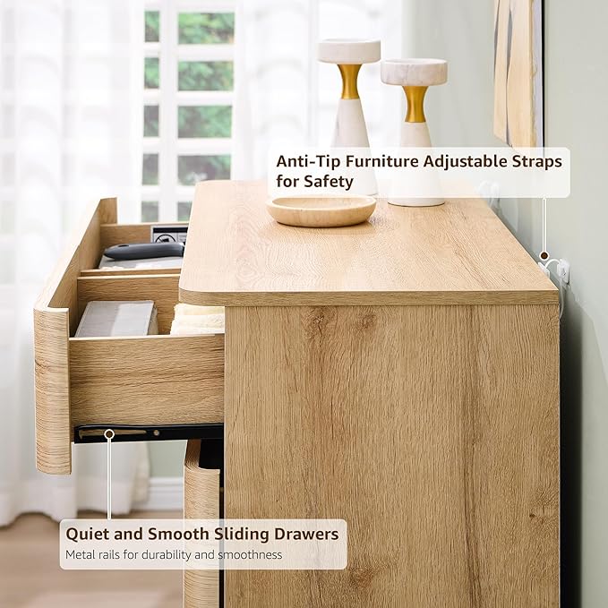 6 Drawer Dresser for Bedroom, 42 Inch Tall Modern Chest of Drawers, Push-to-Open Wood Storgae Organizer with Large Drawers for Bedroom, Living Room, Hallway, Natural Oak