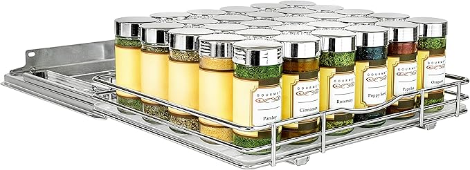 LYNK PROFESSIONAL® Pull Out Spice Rack Organizer for Inside Kitchen Cabinets - 12-1/4 inch Wide - Slide Out Drawer – Chrome Sliding Spice Cabinet Organization Shelf Racks - 1 Tier