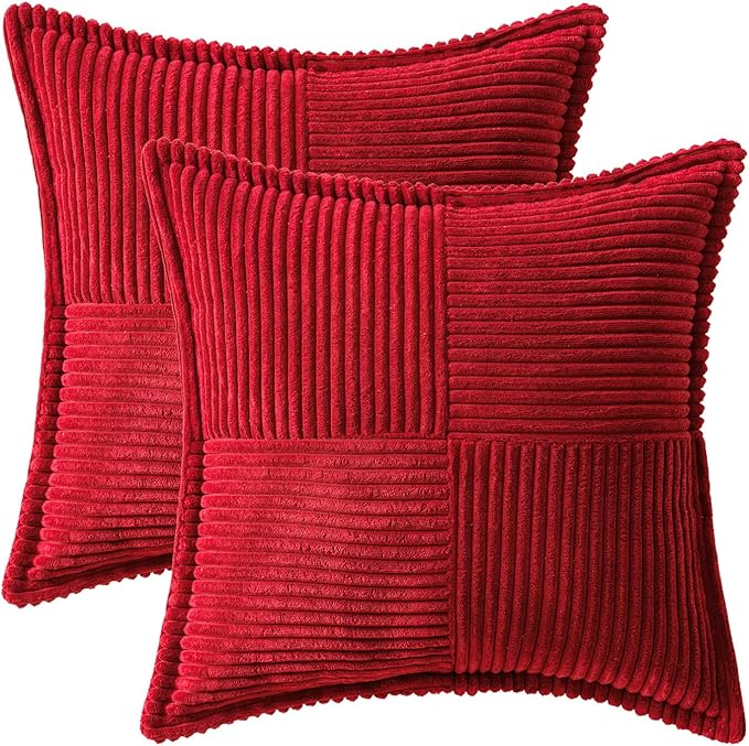 MIULEE Christmas Decorative Euro Sham Throw Pillow Covers for Couch Bed Livingroom 22x22 Inch Set of 2 Red Boho Accent Throw Pllows Broadside Striped Patchwork Soft Corduroy Pillowcases
