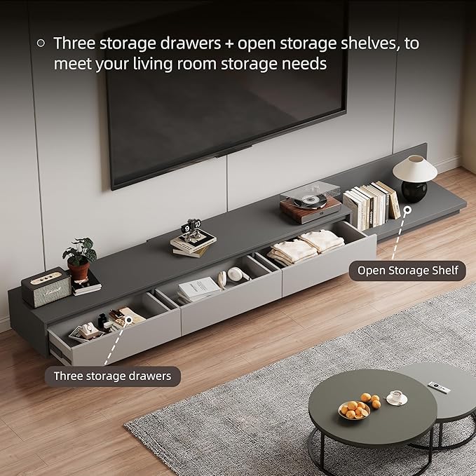 Adjustable TV Stand with 3 Drawers - Mid-Century Modern Extendable Entertainment Center for Living Room or Bedroom(78.7–130"), Stylish Gray Media Console