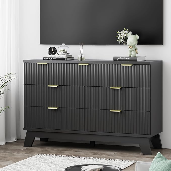 Fluted Dresser for Bedroom with 7 Drawers, 48" Wide Chest of Drawers with Metal Handle, Modern Wood Dresser TV Stand, Wooden Closet Clothes Storage Organizer for Living Room, Hallway, Black