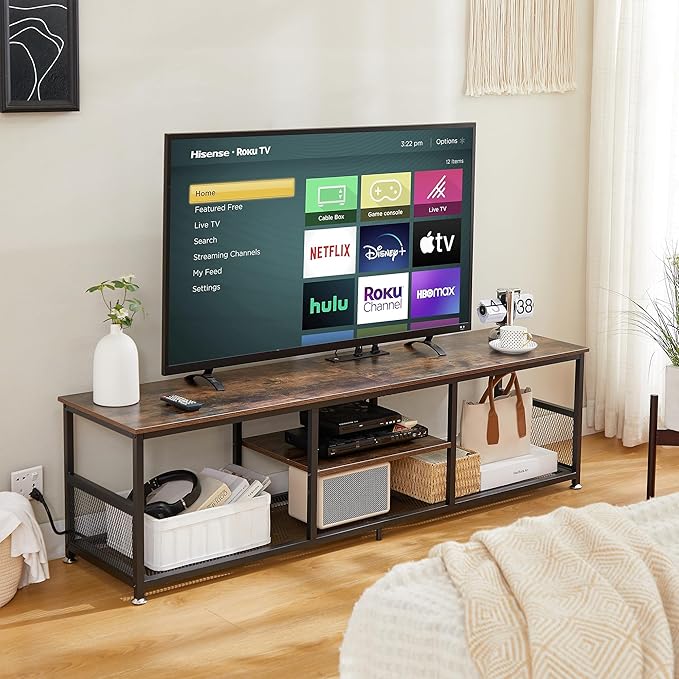 VECELO TV Stand with Power Outlets for Televisions up to 80 Inch,70" Media Entertainment Center with Charging Station 3-Tier Open Storage Shelves with Metal Frame for Living Room/Bedroom,Brown