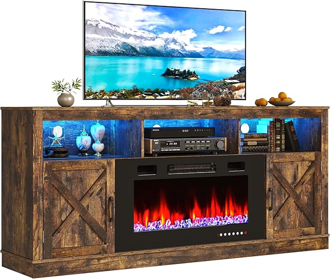 Farmhouse TV Stand with 36" Fireplace for 80" TV, 70" Entertainment Center with Barn Doors and LED Light, Tall Fireplace TV Stands for Living Room, Rustic Brown