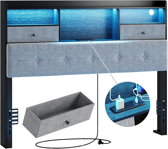 Maupvit Headboard Queen Size with Storage, Queen Headboard Only with 2 Drawers, Charging Station and LED Lights, Upholstered Headboards Easy Assembly, Black&Grey
