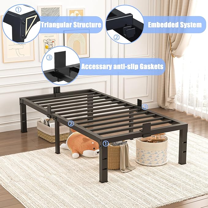 Twin Bed Frames 16 inch High 3500 lbs Heavy Duty Metal Platform Mattress Foundation with Steel Slat Support/No Box Spring Needed/Noise Free/Non-Slip/Easy Assembly