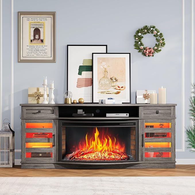 AMERLIFE 70" Farmhouse Fireplace TV Stand with 36'' Curved Electric Fireplace, LED Media Console with 2 Drawers & Adjustable Shelves, Fits 80'' TVs, Wash Gray